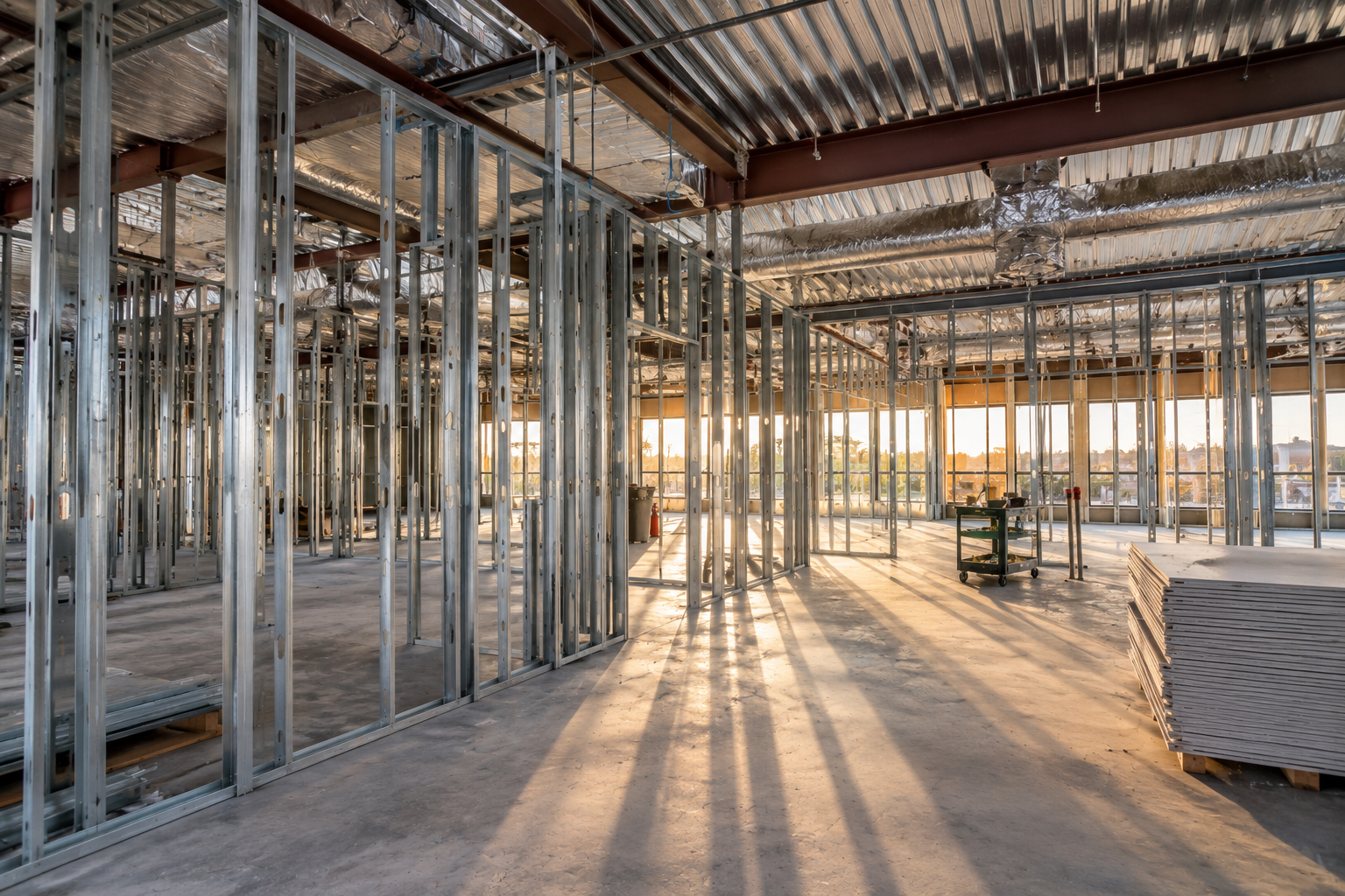Steel stud framing inside a commercial building