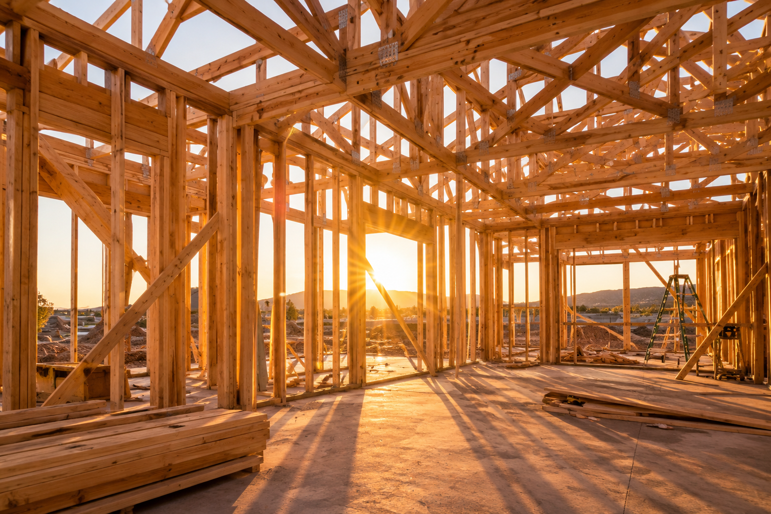 Timber frame of a new house under construction, sun coming through
